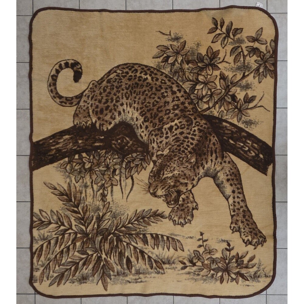 Vintage San Marcos Blanket Leopard On The Prowl Reversible Brown Tan 74x64